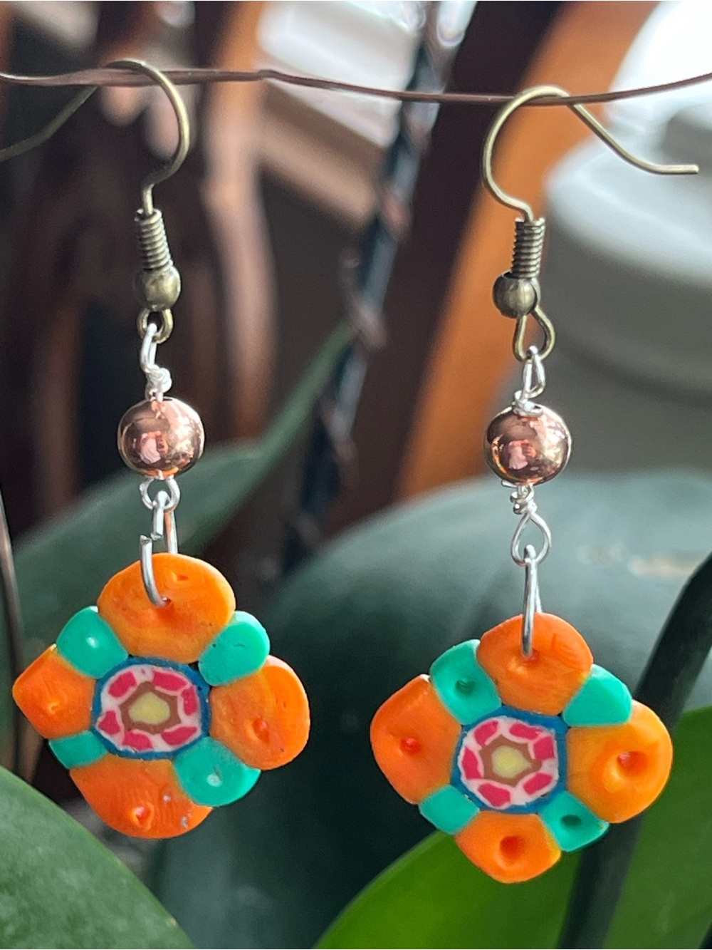Handmade Polymer Clay Orange & Teal Flower Dangle Earrings